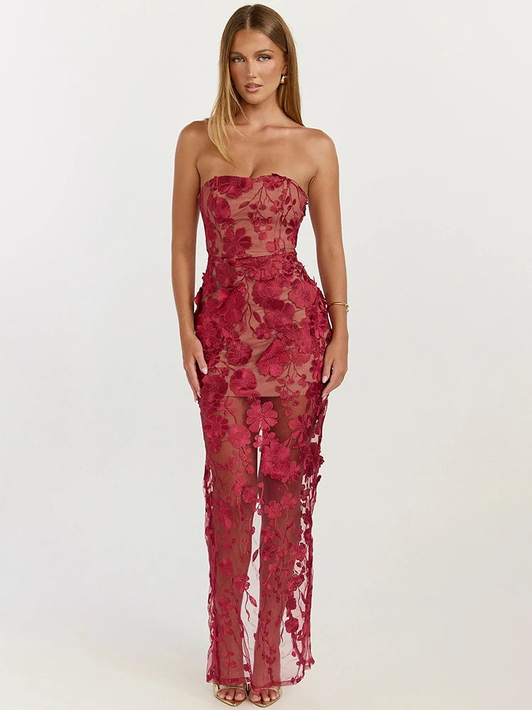 Women Strapless 3D Floral Lace Mermaid Sexy Maxi Dress Sheer Mesh Bodycon Long Dress Wedding Guest Evening Party Gown