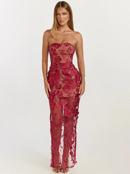 Women Strapless 3D Floral Lace Mermaid Sexy Maxi Dress Sheer Mesh Bodycon Long Dress Wedding Guest Evening Party Gown