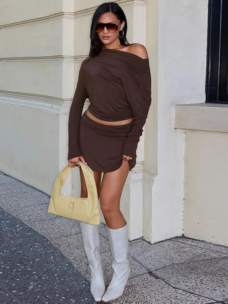 Autumn Fashion Two Piece Set Women One Shoulder Long Sleeve T-shirt And Mini Skirt Matching Set Female Skirt Set New