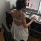 Ruched Backless Dress Women Vacation Sweet Fashion Folds Lace Low-Neck Snap Button Autumn Trend Street Party Bodycon