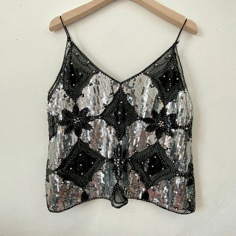 Bling Sequined Tanks Tops Women Sexy Beaded Work Mesh Tops Chic Women Sparkly Cami Vest Femme Summer Streetwear