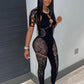 Rhinestone Embellished Women Jumpsuit Backless Halter Hollow Sheer Sexy Slim One Pieces Bodycon Hottie Party Clubwear