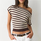 Y2K Women Asymmetric Diagonal Off Shoulder Knit Top Striped Solid Short Sleeve Slim Cropped Casual Crop Blouse
