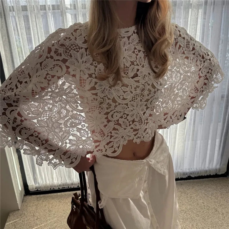 Cute Women See Through Crochet Lace Cape Short Top Crew Neck Batwing Sleeve Cropped Layering Top Matching Camisole