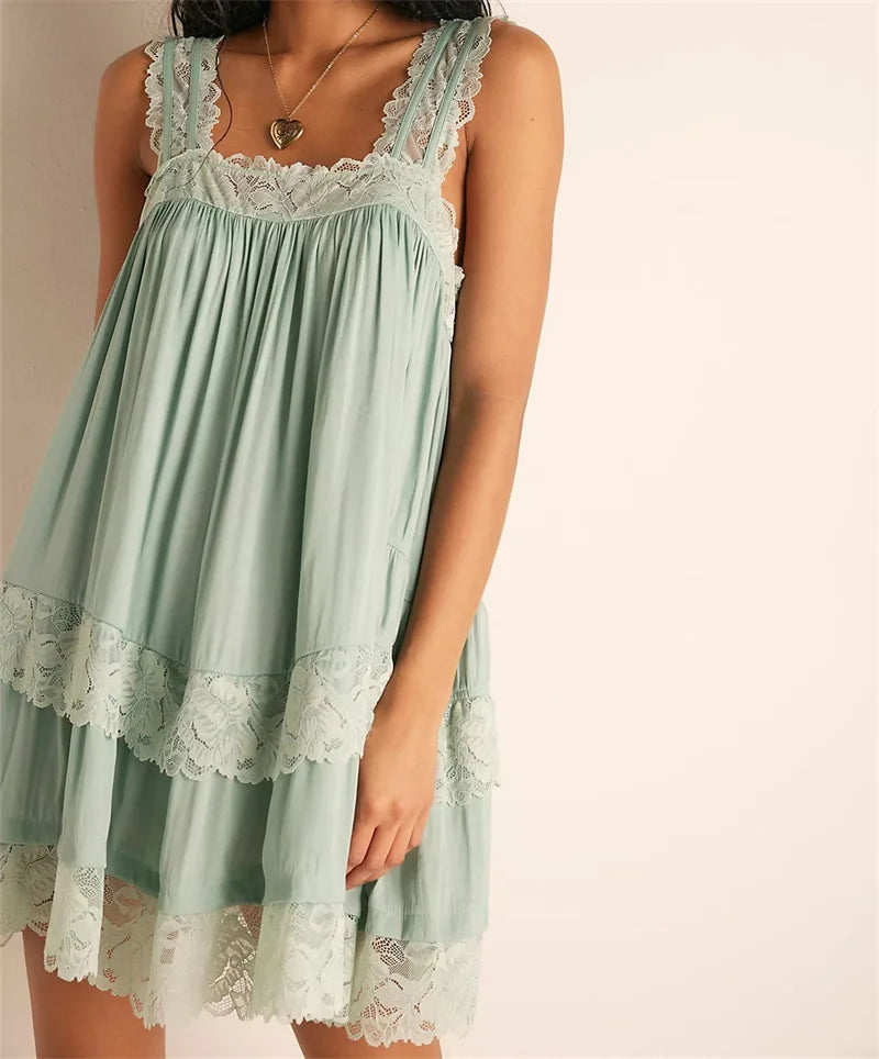 Women Lace Trim Tiered Camisole Slip Dress Loose Flowy Sleeveless Nightgown Bohemian Homewear Sleepwear Mini Dress