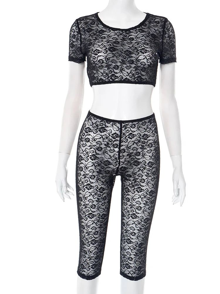 Jacquard Sexy Women 2 Piece Set summer Y2K hipster Tight Stretch Lace Camisole+bike Shorts Beach Club Matching Suit