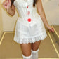 Womens Coquette Eyelet Lace Ruffle Mini Skirt Elastic Drawstring Waist Pleated A Line Flowy Skirt Summer Holiday Skirt