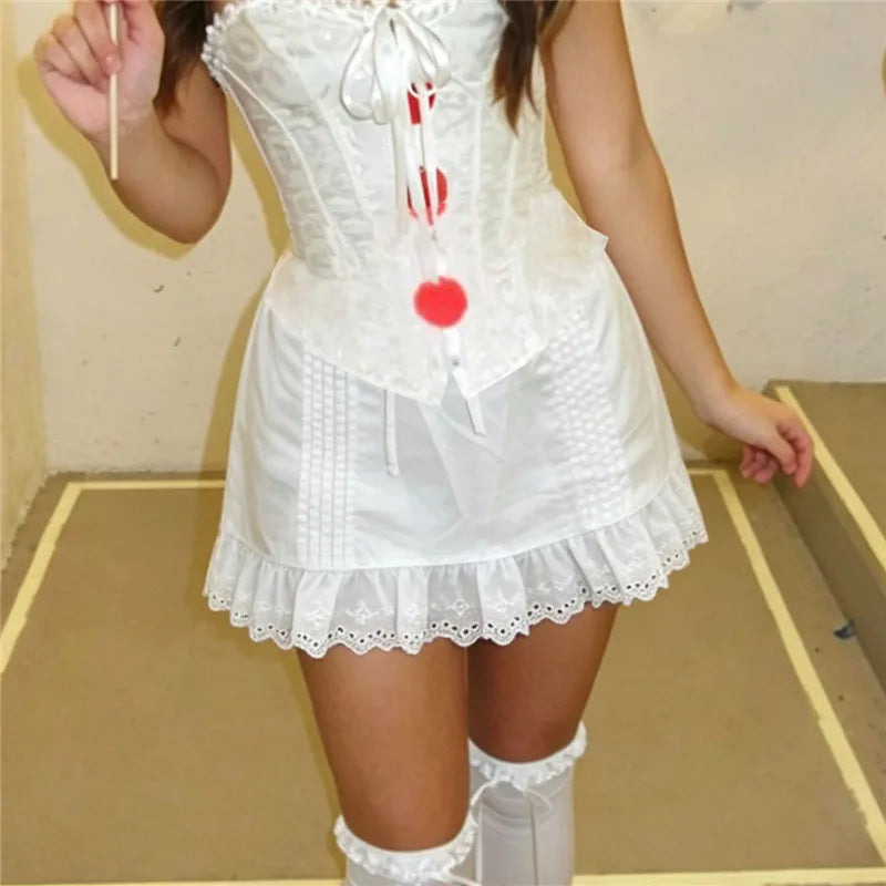 Womens Coquette Eyelet Lace Ruffle Mini Skirt Elastic Drawstring Waist Pleated A Line Flowy Skirt Summer Holiday Skirt