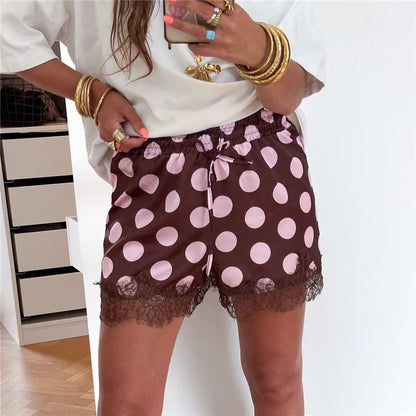 Women Satin Polka Dot Print Shorts Elastic Drawstring Waist Lace Trim Hem Loose Summer Casual Lounge Sleepwear Shorts