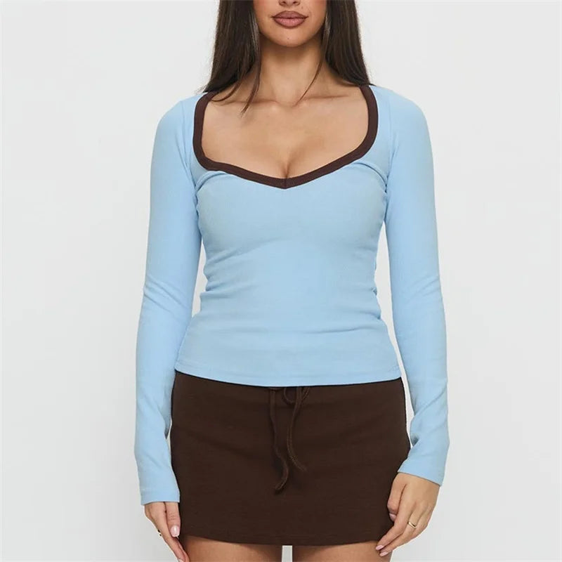 Women Long Sleeve Slim Fit Autumn Commuting Y2k Clothes Female Tee Top Casual V-Neck Patchwork T-shirt Pullover