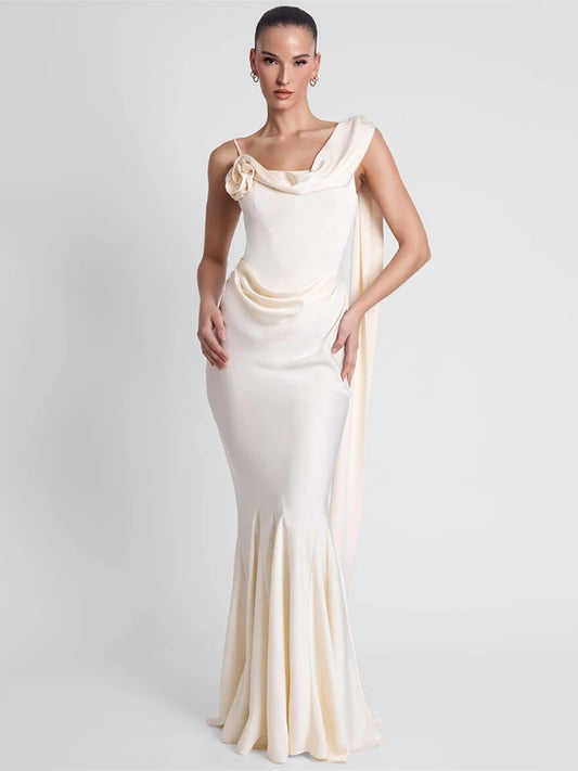 Satin Backless Sexy Maxi Dress Women Elegant One Spaghetti Strap Sleeveless Ruched Waist Club Party Mermaid Long Dress