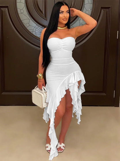 Sexy Ruffles Dress Women Summer Starpless Irregular Patchwork Iregular Tassel Hem Holidays Stretch Peach Hip Bodycon