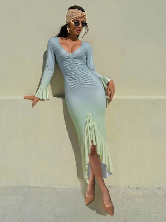 Sexy Gradient Dress Women Y2K Elegant Folds Split Ruffles Full Sleeve Low-Neck Party Banquet Stretch Skinny Vestidos