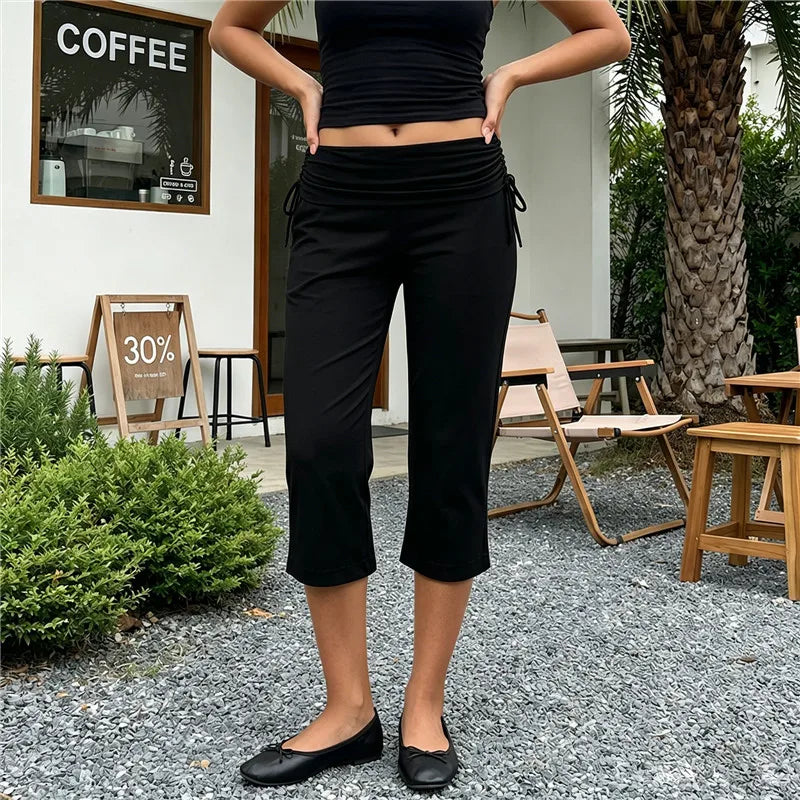 Women Y2K Trendy Low Waist 3/4 Length Capri Trouser Fold Over Waist Tie Side Drawstring Slim Fit Streetwear Lounge Pants