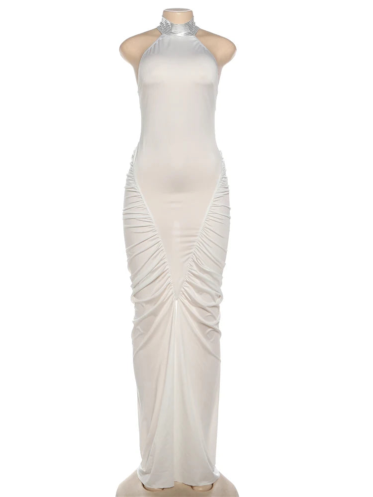 Button Stripe Turtleneck Maxi Dress Women Backless Folds High Split Sleeveless Elegant Fashion Banquet Chic Vestidos