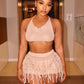 Crochet 2 Piece Set Woman Sexy Beach Vacation Backless Bandage Halter Camisole+Tassel Skirts Party Matching Clubwear