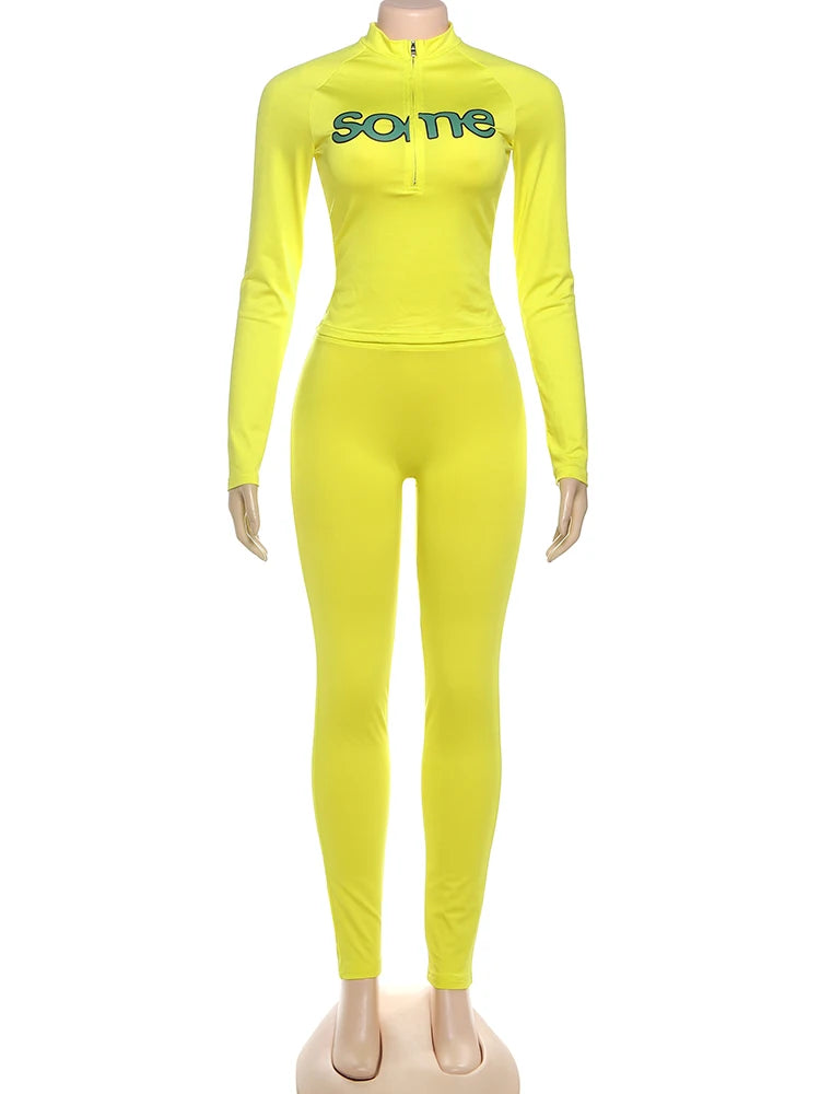 Casual Sporty Women2 Piece Set Letter Print Zip Crop Tops+Leggings Matching Street Stretch Skinny Streetwear Outfits