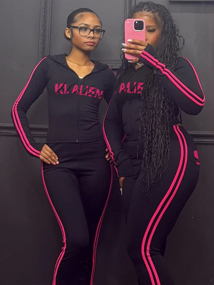 Sporty Stripes 2-Piece Set Women Zipper Letter Print Hooded Crop Tops+Pants Elasticity Fashion Autumn Casual Streetwear