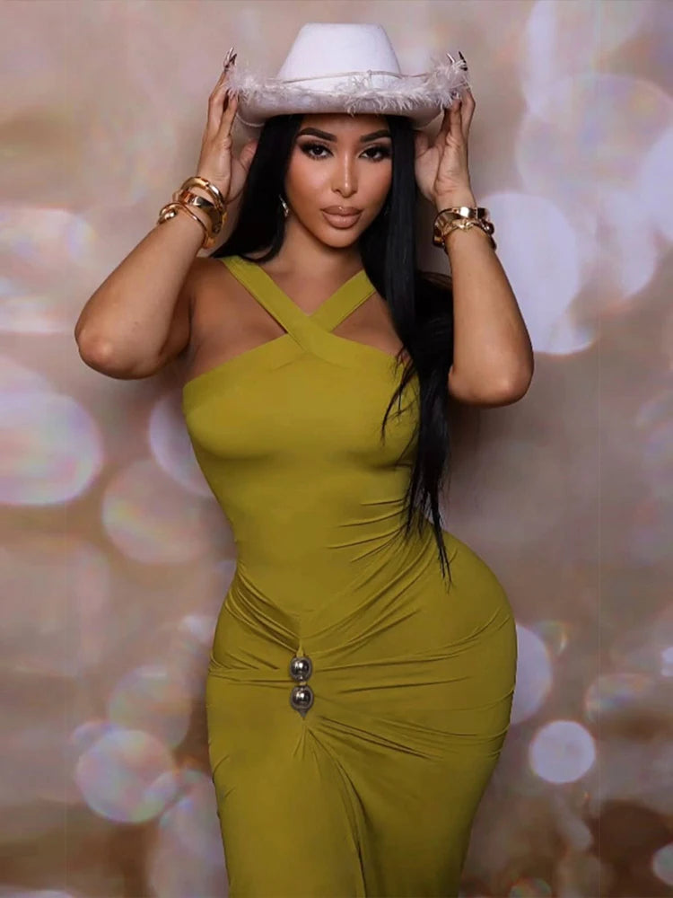 Sexy Cross Ruched Dress Women Elegant Sleeveless Metal Buckle Patchwork Classic Fashion Evening Party Gown Bodycon