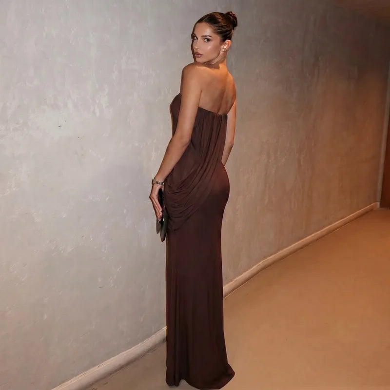 Strapless Maxi Dress with Ruched Asymmetric Draped Mesh Evening Party Dresses for Ladies Elegant