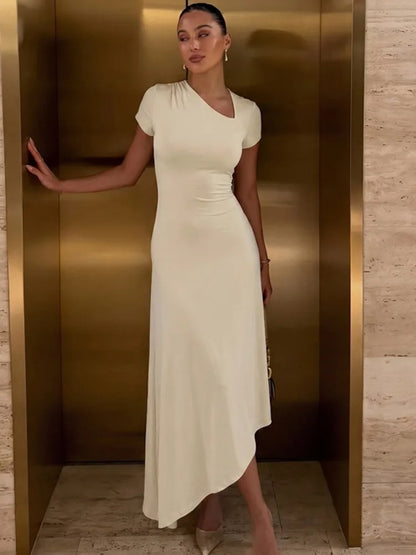 Asymmetrical Cutout sexy Midi Dress Women Short Sleeve Diagonal Neck Ruched Waist Irregular Hem Bodycon Long Dress
