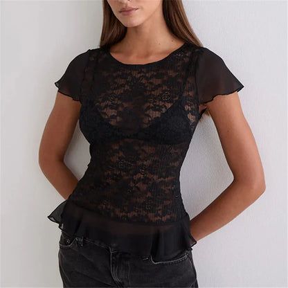 Women's Floral Lace Sheer T Shirt Blouse Short Sleeve Round Neck Ruffle Hem Fitted See-Through Top for Casual Party