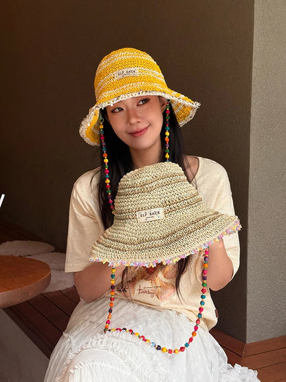 Women's Crochet Straw Bucket Hat with Colorful Bead Chain, Striped Woven Sun Hat for Summer Beach, Cute Casual Vacation