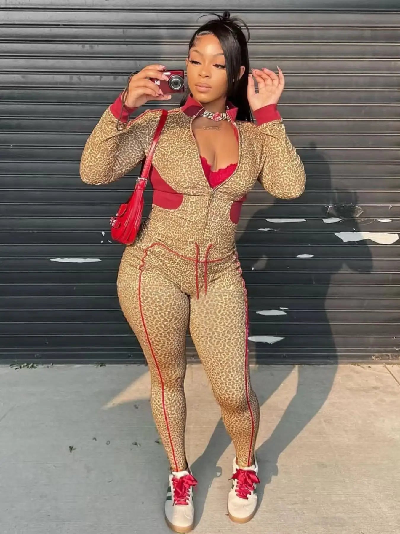 Patchwork 2 Piece Set Women Tracksuit Leopard Print  Crop Jacket+Leggings Matching Casual Activity Stretch Streetwear