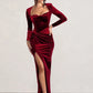 Square Collar Long Sleeve Sexy Maxi Dress For Women Velvet Fashion Ruched Split Bodycon Club Party Elegant Long Dress