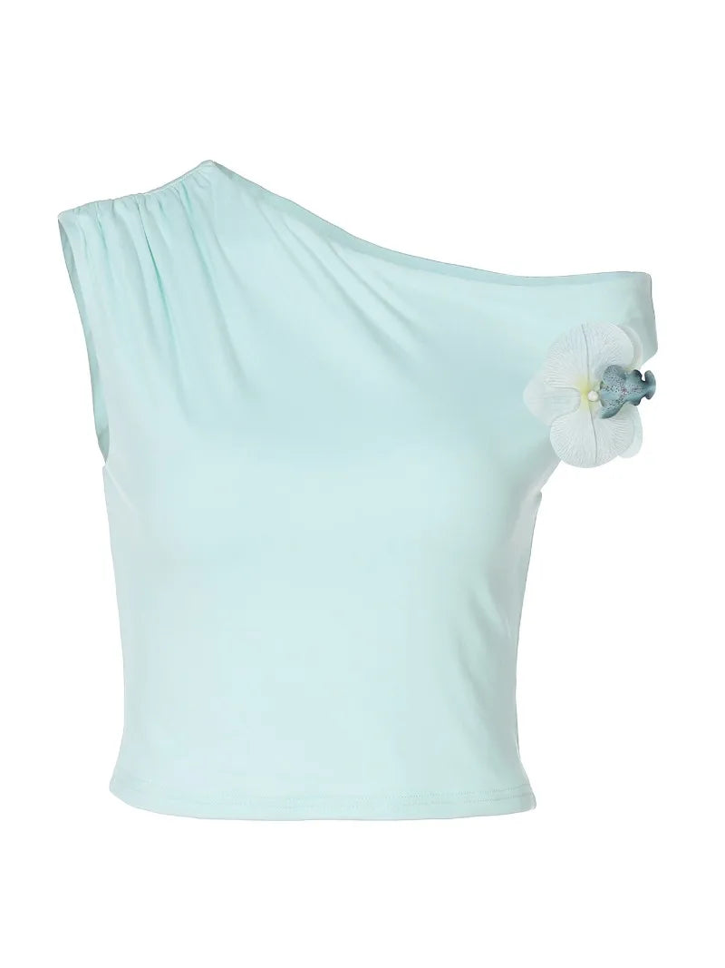 3d Flower-applique One Shoulder Sleeveless Crop Tops for Woman 2025 Sexy Ladies T Shirts Light Green