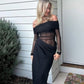 Off Shoulder Long Dresses See Through Mesh Spliced Black Dinner Dress Sexy Elegant Birthday Outfits