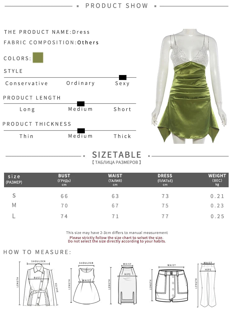 Patchwork Satin Dress Women Folds Sequin Chain V-Neck Irregular Hem Zipper Backless Fashion Sweet Chic Mini Bodycon