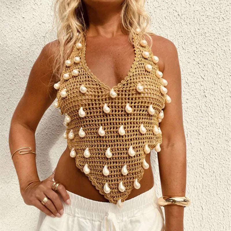 Women Y2K Sequin Knit Tank Top Sparkle Halter Crochet Cami Top Sleeveless V Neck Open Back Glitter Camisole Clubwear