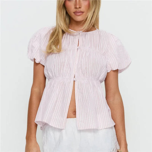 Women's Striped Textured Puff Sleeve Blouse Round Neck Button Front Shirred Waist Peplum Flowy Casual Summer Top