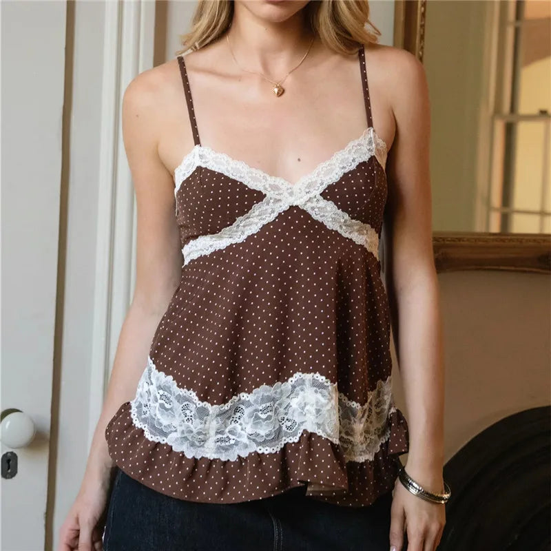 Polka Dot Lace Trim Camisole For Women V Neck Spaghetti Strap Ruffle Hem Sleeveless Top Retro Coquette Aesthetic Blouse