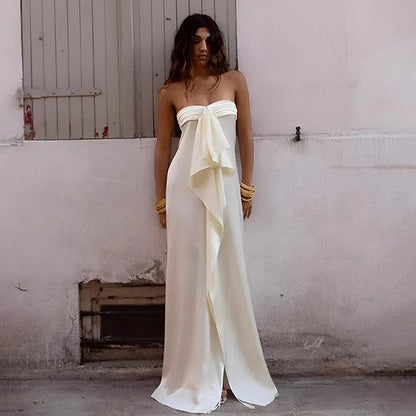 Front Bow Strapless Split Maxi Dress Elegant Satin White Dresses Wedding Party Outfit for Woman 2026