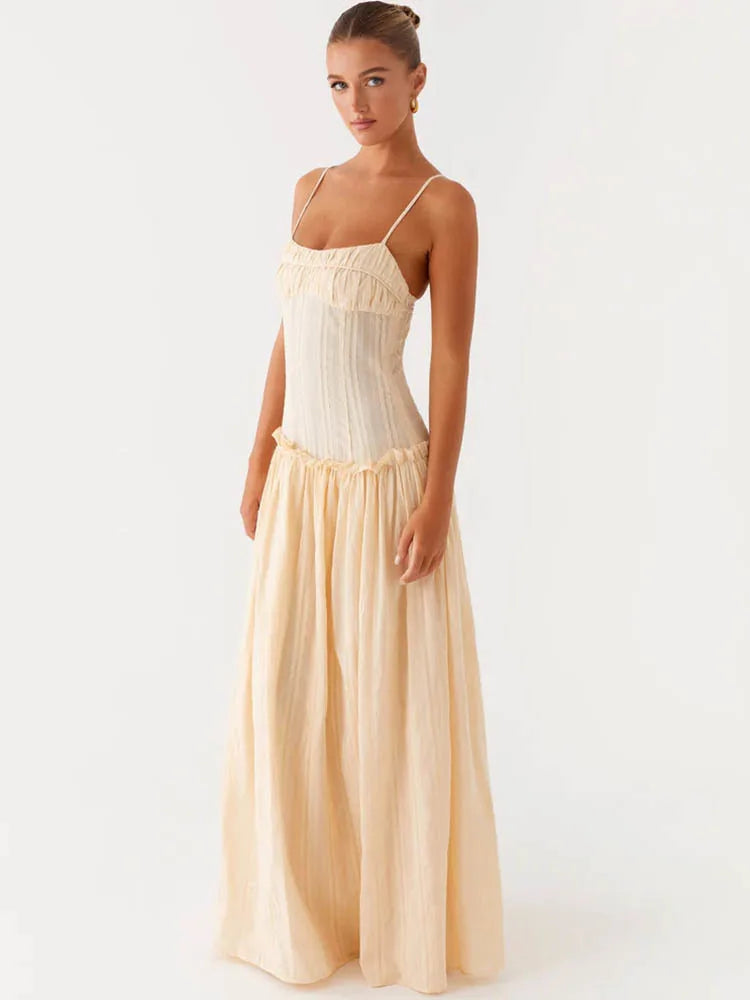 Elegant Spaghetti Strap Sexy Maxi Dress Women Gown Fashion Off-shoulder Sleeveless Backless Pleated Club Long Dresses
