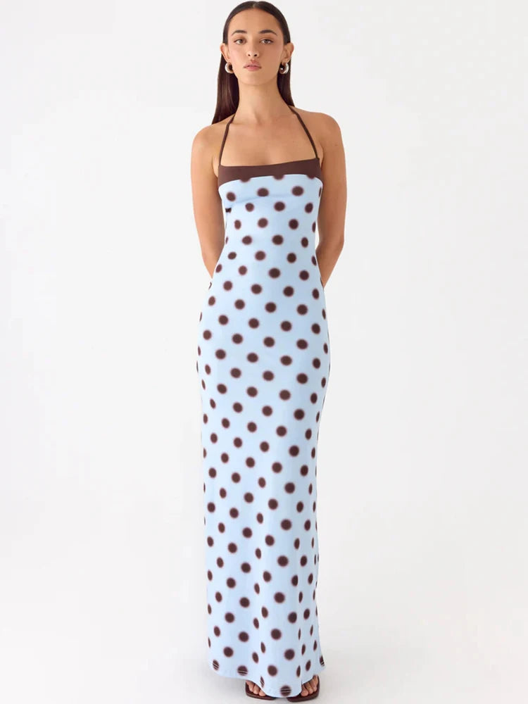 Polka Dot Backless Sexy Maxi Dress Women Elegant Halter Off-shoulder Sleeveless Bodycon Club Party Long Dress Female