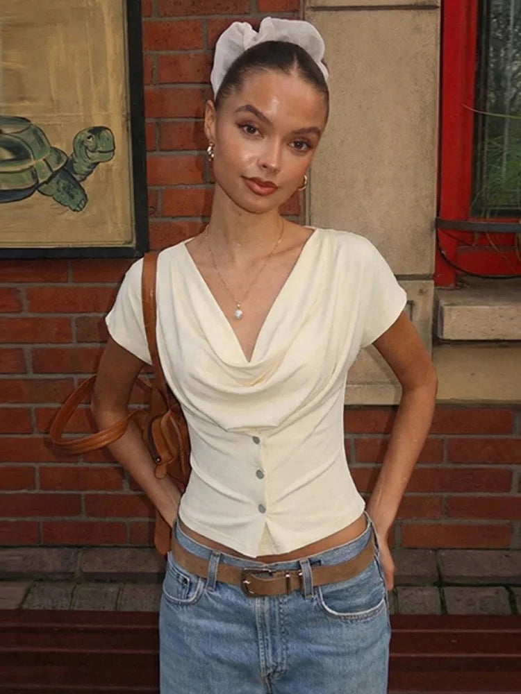 Button Cowl Neck Short Sleeve Summer Tops for Women Clothes Fashion 2026 Womans Shirts