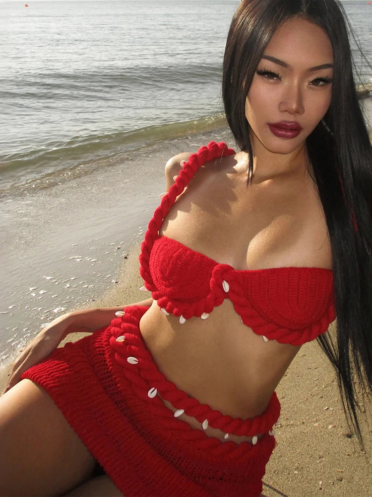 Crochet Applique Patchwork 2 Piece Set Women Sexy Backless Crop Tops+Bandage Hollow Skirts Vacation Beach Party Suits