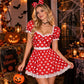 Women Polka Dot Fancy Dress Red Puff Sleeve Lace Edge Mini Dress Back Bow Carnival Party Cosplay Costume