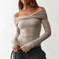 French Coquette Off Shoulder Twist Top For Women Long Sleeve Slim Ruched Basic Tee Casual Daily Going Out Blouse Top