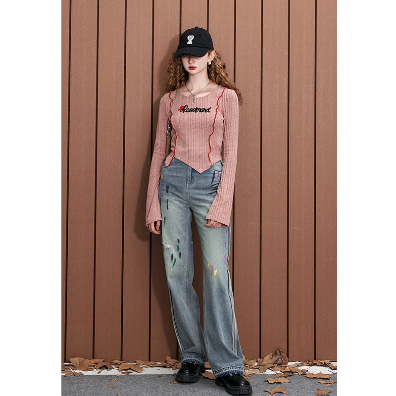 Women's Asymmetrical Ribbed Knit Top with Letter Embroidery, Flare Long Sleeve Pink Tee for Everyday Casual