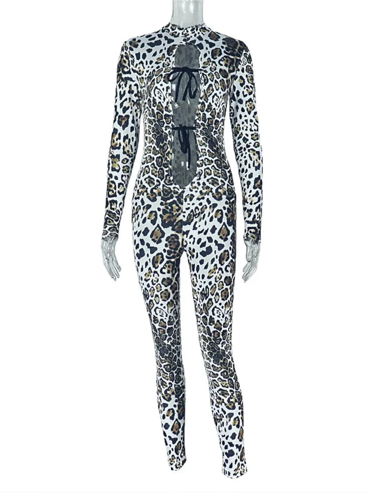 Leopard Print Jumpsuits Women Wild Style Sexy Hollow Bandage Full Sleeve Skinny Peach Hip Midnight Coquette Overalls