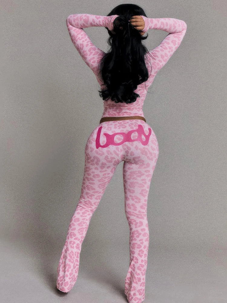 Classic Panelled Leopard Women 2 Piece Sets Hipster Letter Printed Zip-up Tops+Skinny Elastic Trousers Female Streetwear