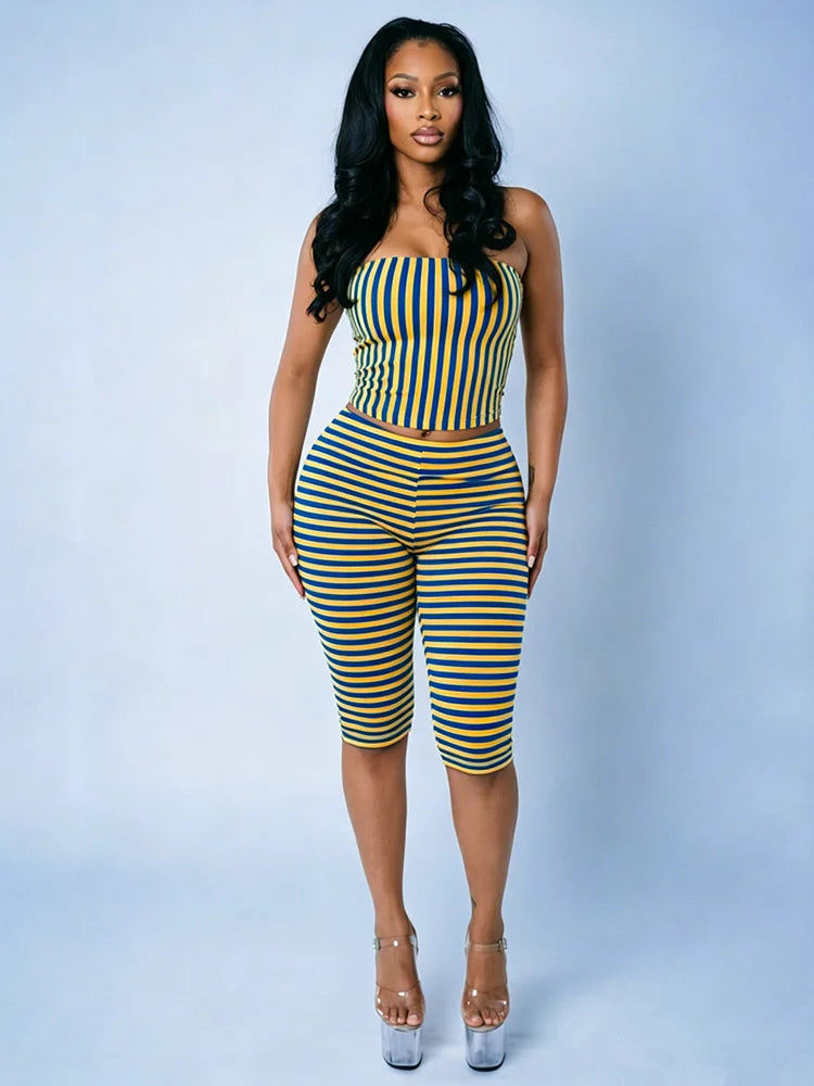 Stripe Print 2 Piece Set Woman Summer Trend Wrap Chest Backless Tank Tops+Skinny Crop Pants Sexy Fashion Style Suits