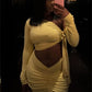 Fashion 2 Piece Set Women Trend Off-Shoulder Skew Collar Full Sleeve Crop Tops+Ruched Skirt Elegant Party Club Suit