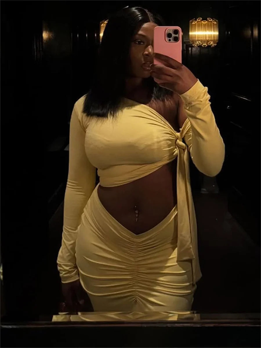 Fashion 2 Piece Set Women Trend Off-Shoulder Skew Collar Full Sleeve Crop Tops+Ruched Skirt Elegant Party Club Suit