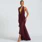 See Through Mesh Patchwork Sexy Party Dresses Burgundy Black Deep V Neck Backless Fishtail Maxi Dress