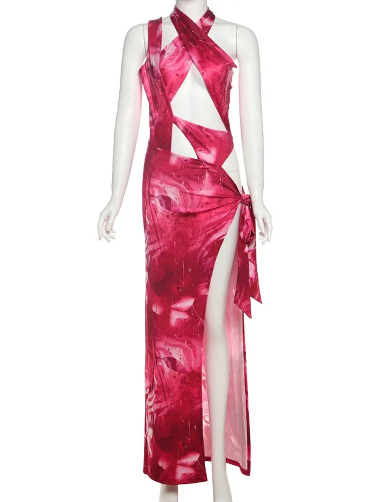 Flower Print Dress Women Backless Waistless Cross Lace-Up Halter Side Slit Patchwork Midnight Clubwear Party Vestidos